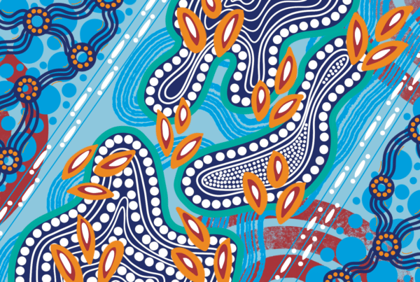 Blue, orange and red Aboriginal artwork