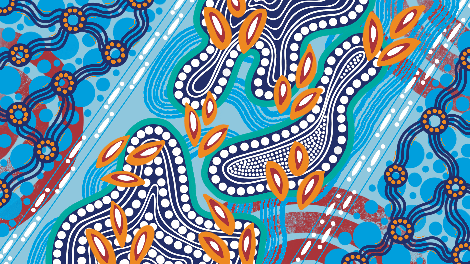 Blue, orange and red Aboriginal artwork