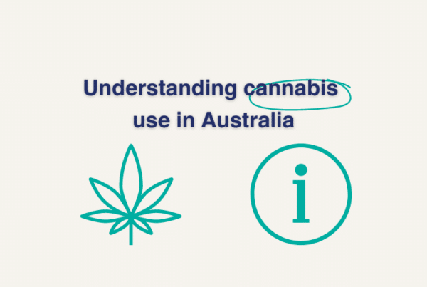 Text reading 'Understanding cannabis use in Australia', with information icon and cannabis leaf graphic