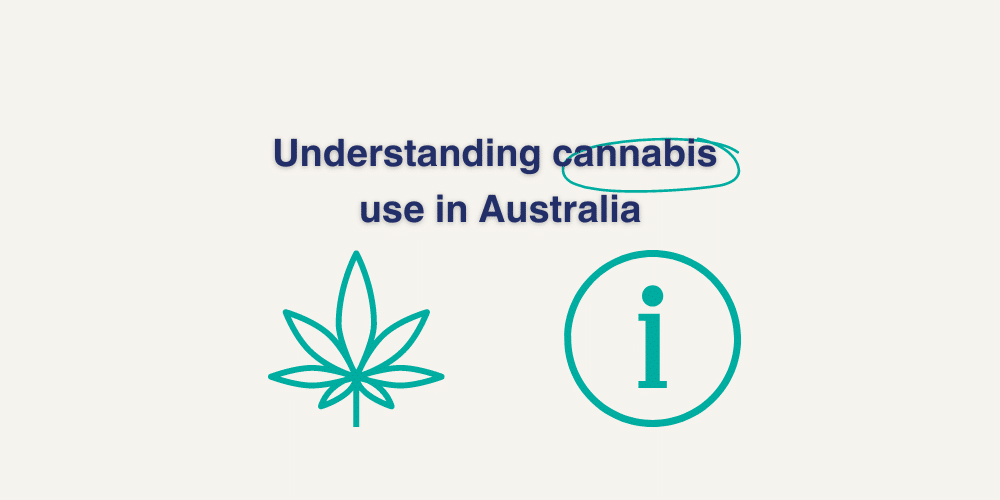 Text reading 'Understanding cannabis use in Australia', with information icon and cannabis leaf graphic