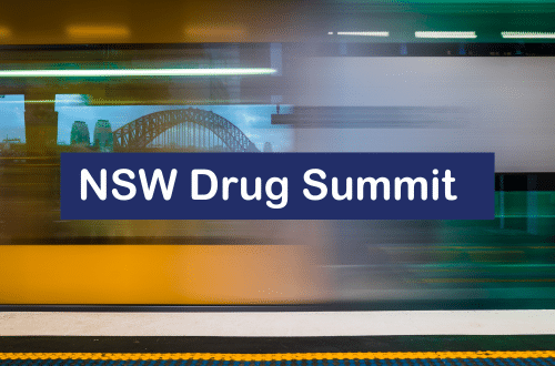 Text saying 'NSW Drug Summit' over an image showing a train rushing past Sydney Harbour Bridge.