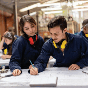 Two young people in navy jumpsuits lean over a desk and write on a plan with a pencil. The background shows a class made up of other young people wearing similar jumpsuits.