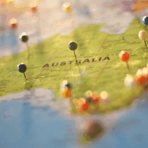 A map of Australia with pins marking different places